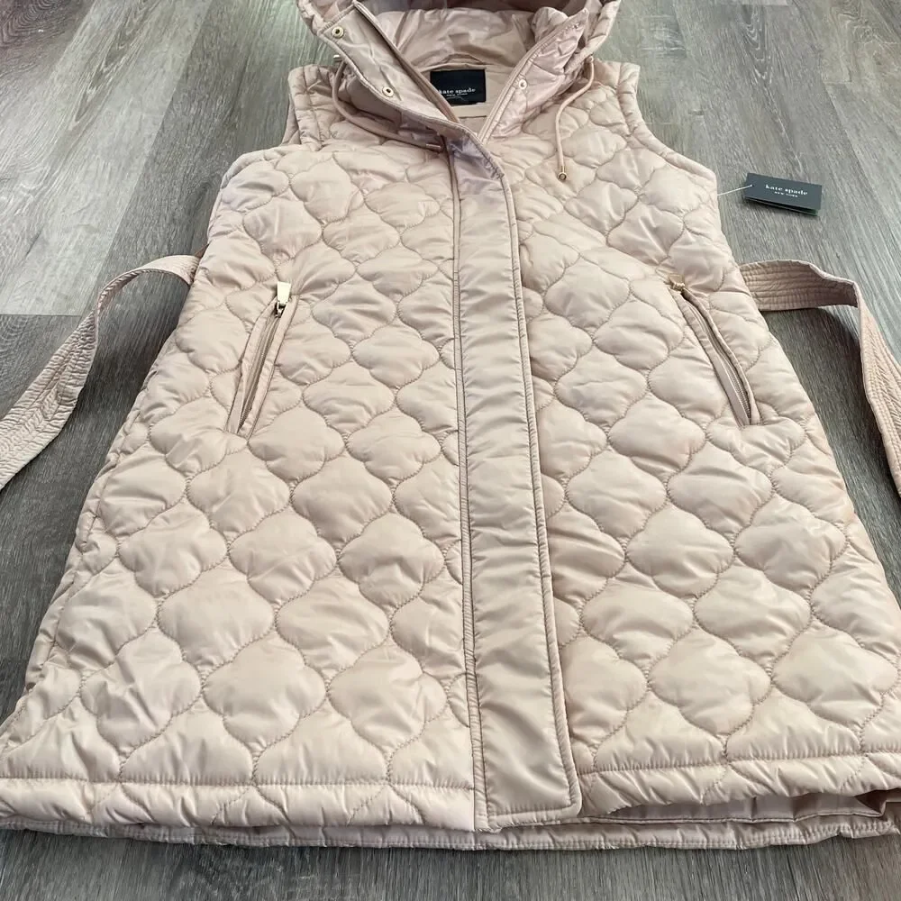 NWT Kate Spade Quilted Long Vest Hooded Soft Clay - Size: Medium